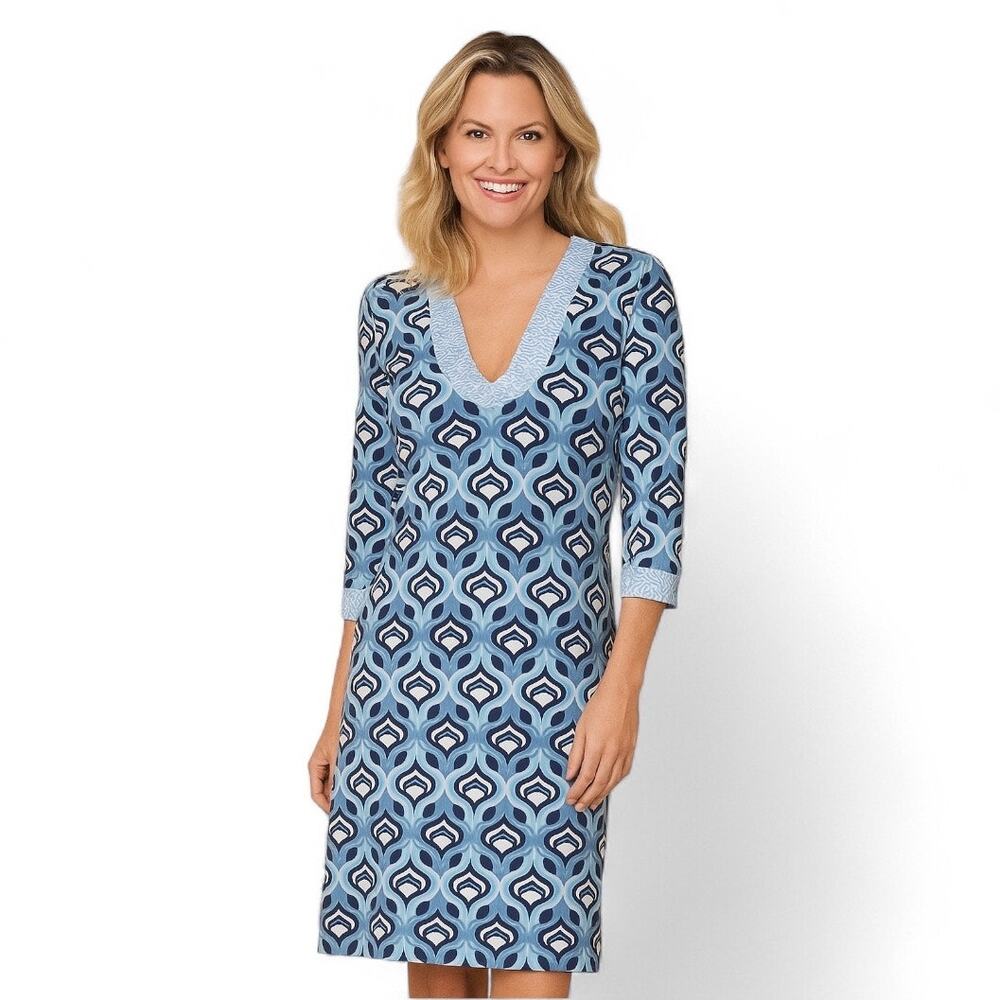 J McLaughlin Blue White Printed V Neck Dress MEDIUM Preppy Stretch